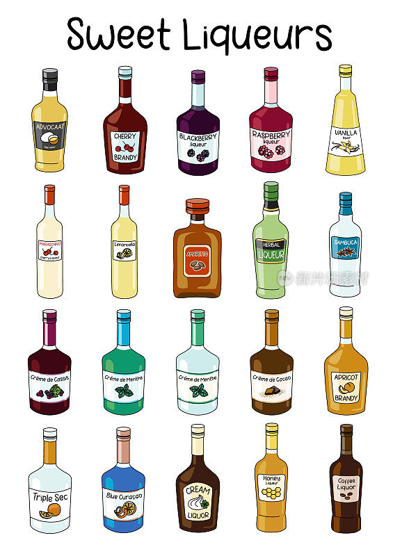 经典甜利口酒系列。涂鸦卡通潮人风格矢量A4 A3海报大小插图孤立在白色背景。为派对卡，酒吧菜单，酒精烹饪书食谱